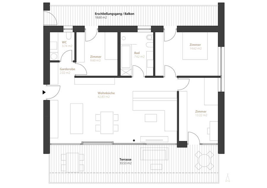 Geräumige Vierzimmerwohnung mit Südterrasse und unverwechselbarem Bl 8